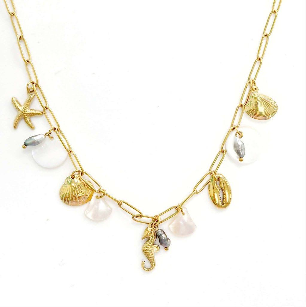 COLLIER BRELOQUES OCEAN ET KEISHIS - ACIER DORE