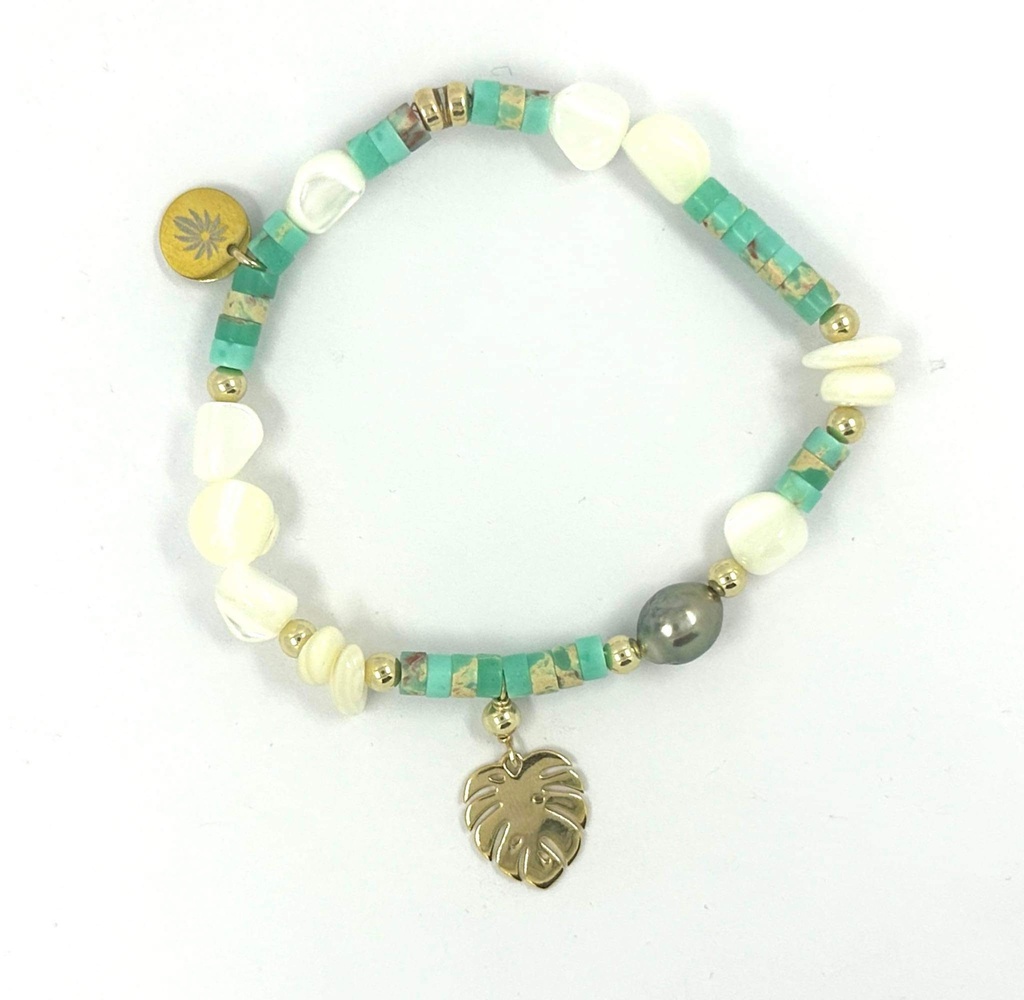 Bracelet élastique plaqué or perles turquoise/blanc+Ape+keishi