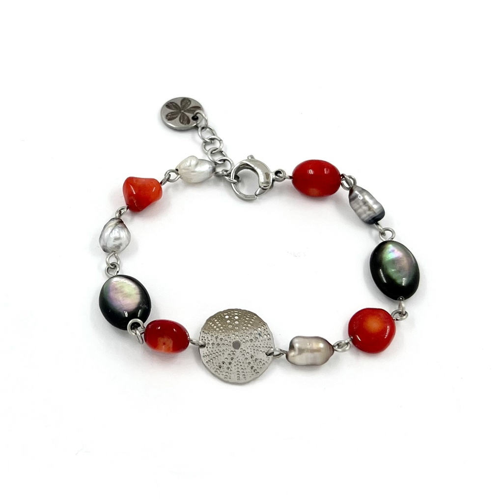 Bracelet en acier inoxydable, corail teinté, oursin, et Keishi