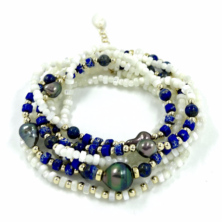 Bracelet Sautoir nacre, keishis, perle &amp; Lapis lazuli - plaqué or