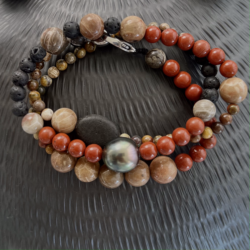 Bracelet homme 3 tours noir/rouge/beige et perle de Tahiti