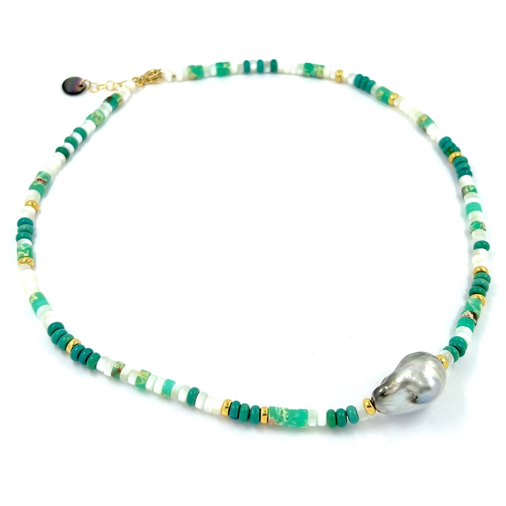 Collier pierres, nacre et gros keishi - plaqué or