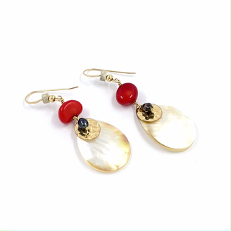 Boucles d'oreilles plaqué or nacre, pierre rouge/beige, sequin, keishis