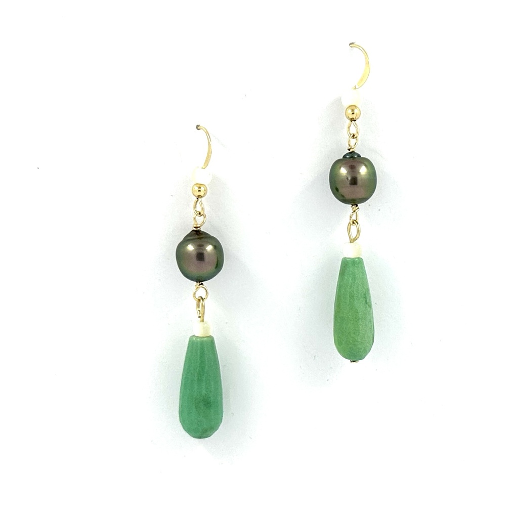 Boucles d'oreilles plaqué or Perles de Tahiti, nacre et pierre verte