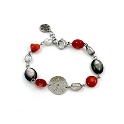 [ACBR8R] Bracelet en acier inoxydable, corail teinté, oursin, et Keishi