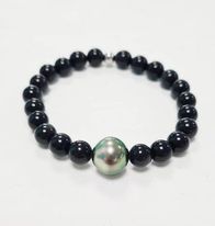 [HONYX] Bracelet elast. Homme Onyx &amp; Perle