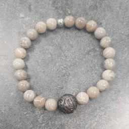 [HOCFG] Bracelet elast. Homme Corail Fosil et Jaspe Perle Gravée
