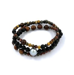 [BR3TLBP] Bracelet homme 3 tours pierres de lave, Bronzite, Jaspe et perle de Tahiti