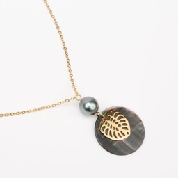 [ACDNFP] Collier acier doré Nacre, feuille Ape et perle de Tahiti