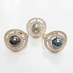 Bague plaqué or deux cercles zircons + perle