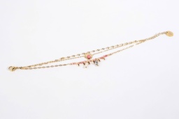 [BRROSE] BRACELET 3 RANGS PIERRES ROSES ET KEISHIS - ACIER DORE