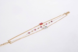 [BRFUSCH] BRACELET 3 RANGS PIERRES ROSE FUSCHIA ET 1 KEISHI- ACIER DORE