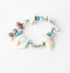 [BRNB] BRACELET plaqué or élastique nacre/turquoise/coquillage+keishi