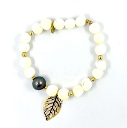 [BURGOF] BRACELET élastique BURGO PERLE DE TAHITI ET FEUILLE -PLAQUE OR