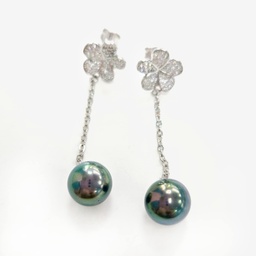 [W415365E01] BOUCLES D OREILLES PENDANTES TIPANIER ZIRCONCS ET PERLE DE TAHITI - ARGENT