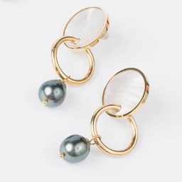 [BONB] BOUCLES D OREILLES BLANCHES, ANNEAUX ET PERLE - ACIER DORE