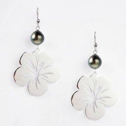 [BIGHIBIS] BOUCLES D OREILLES HIBISCUS ET PERLE - ACIER GRIS