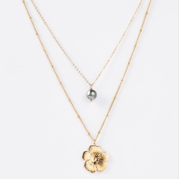 [COFP] COLLIER DOUBLE PERLE ET FLEUR - ACIER DORE