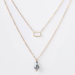 [KRECTD] COLLIER 2 RANGS NACRE RECTANGLE ET KEISHI - ACIER DORE - CAPSULE