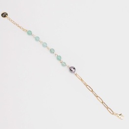 [BRVERT] BRACELET 1 PERLE MAILLE RECTANGLE ET PIERRES VERTES - ACIER DORE