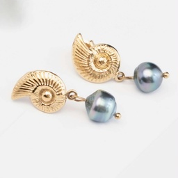 [MININAUTIL] BOUCLES D OREILLES MINI NAUTILE ET PERLE - ACIER DORE