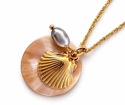 [SHELLCO] COLLIER NACRE RONDE, SHELL ET KEISHI - ACIER DORE RONDE