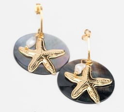 [NETM] BOUCLES D OREILLES NACRE RONDE ETOILE DE MER ET KEISHI - ACIER DORE
