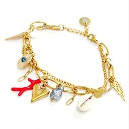 [BRBR] BRACELET BRELOQUES DIVERSES CORAIL ROUGE ET KEISHI - ACIER DORE