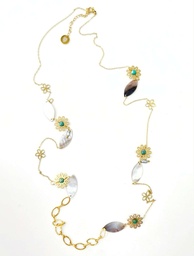 [STFK] SAUTOIR FLEURS TURQUOISES NACRES ET KEISHIS - ACIER DORE