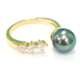 BAGUE OUVERTE 3 ZIRCONS ET PERLE - PLAQUE OR