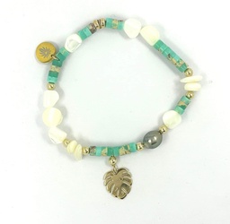 [CHPLBR] Bracelet élastique plaqué or perles turquoise/blanc+Ape+keishi