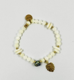 [GBREC] Bracelet élastique plaqué or keishi, feuille de Ape, nacre
